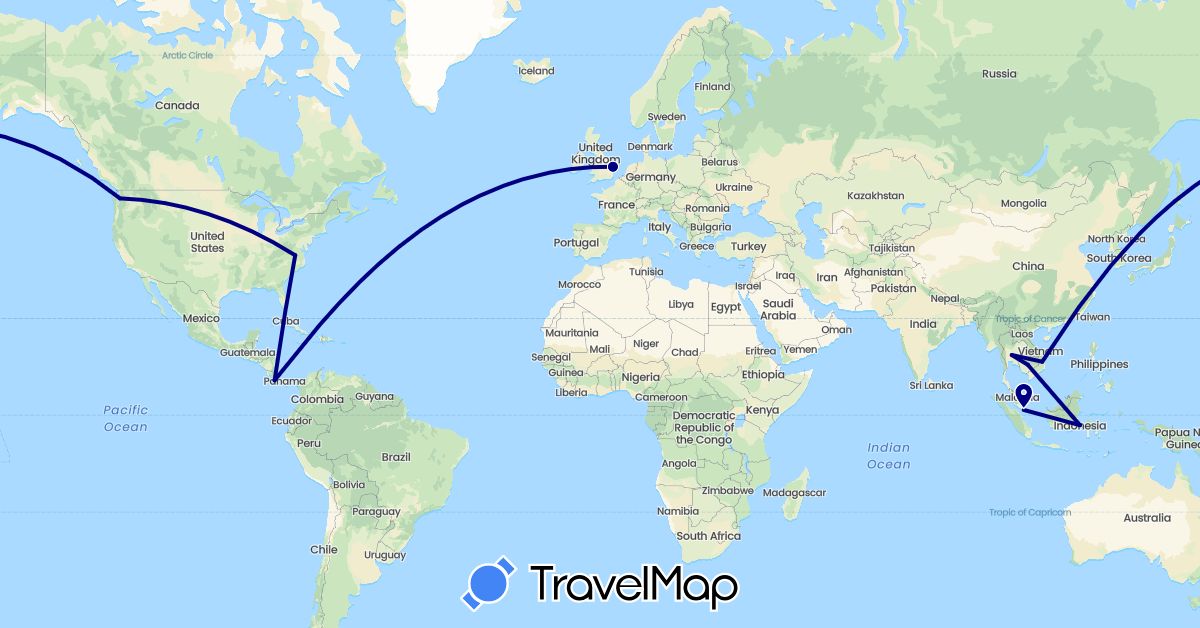 TravelMap itinerary: driving in Costa Rica, United Kingdom, Indonesia, Singapore, Thailand, United States, Vietnam (Asia, Europe, North America)